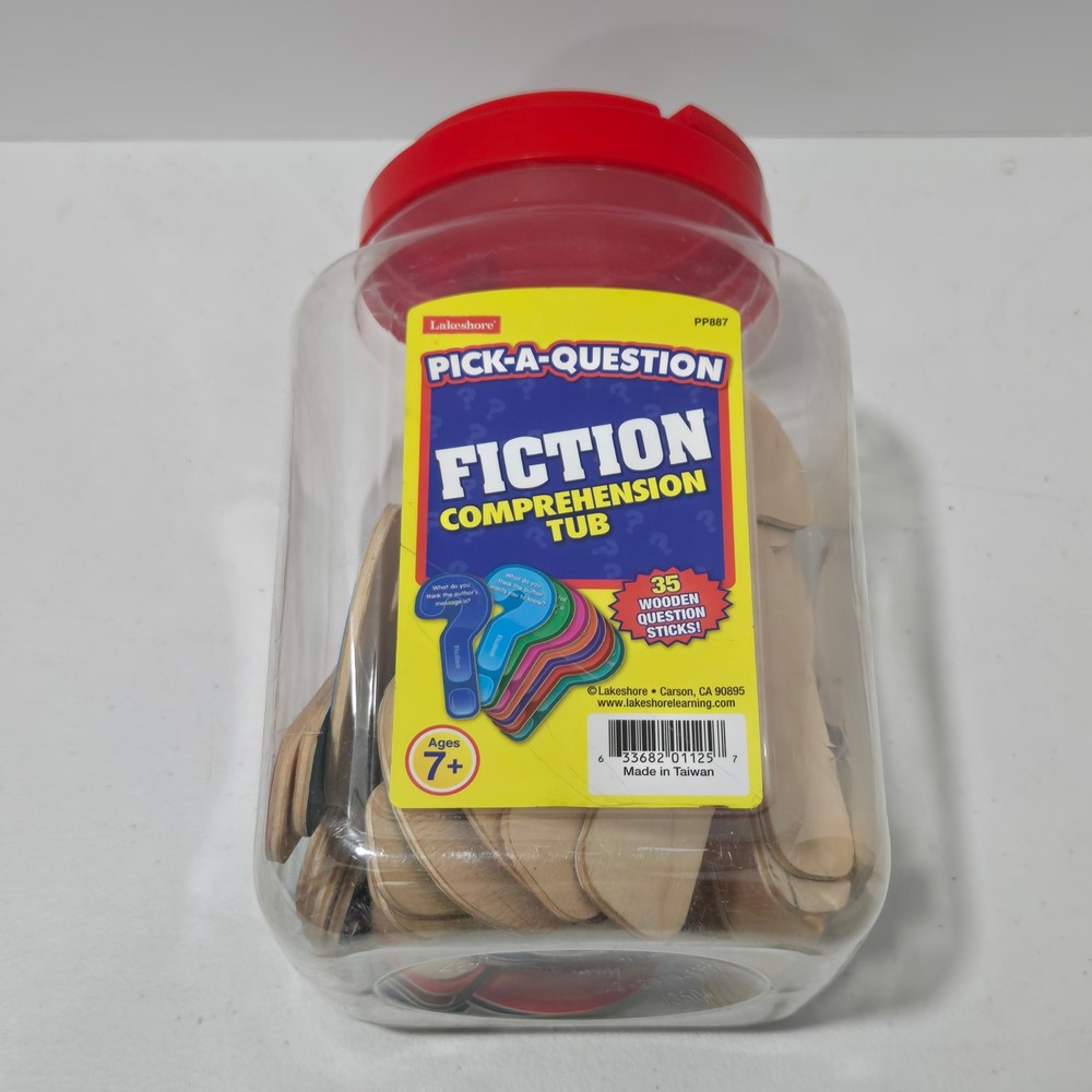 Lakeshore Pick-A-Question Fiction Comprehension Tub PP887 35 Wooden Sticks